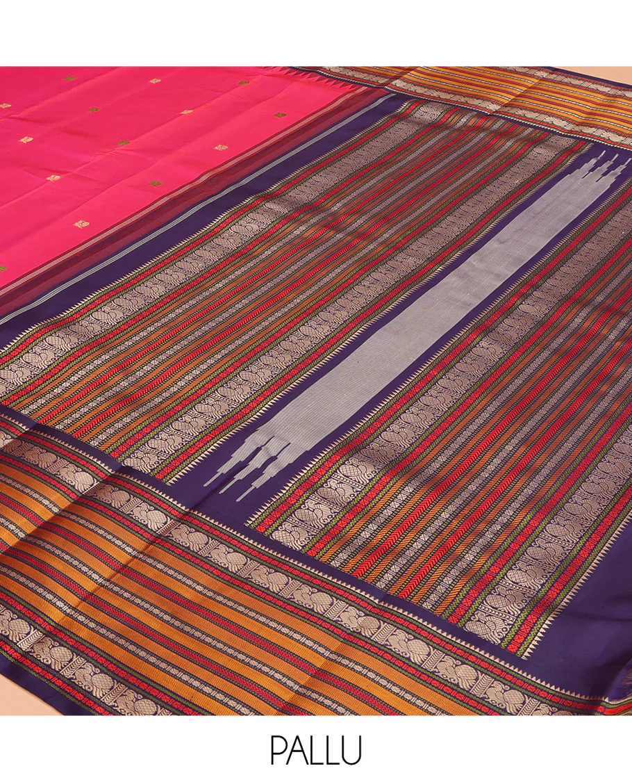 Pink Kanchipuram Silk Saree, Artfully Designed with Mayil Buttas on Its Body, Complemented by a Contrast Border of Rekku, Rudraksham, Mayil, and Kathir Designs, Pallu Steeped with Geometric Designs, and Paired with a Contrast Blouse - Image 5