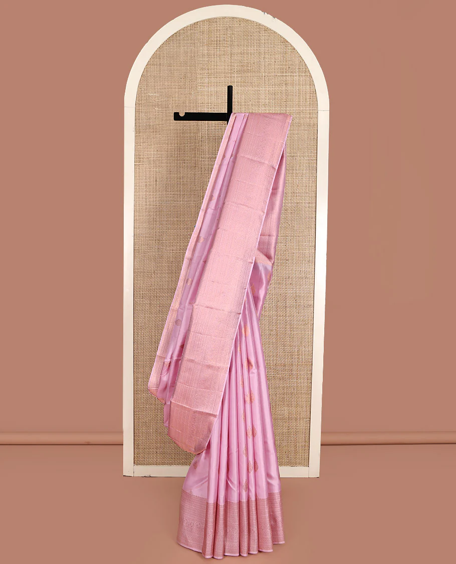 Pink Kanchipuram Silk Saree, Crafted with Zari Buttas All Over Its Body, Highlighted by a Zari Border of Traditional Designs, Intricately Designed Pallu, and Paired with a Matching Blouse