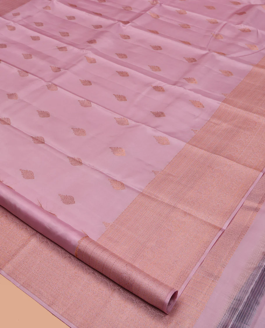Pink Kanchipuram Silk Saree, Crafted with Zari Buttas All Over Its Body, Highlighted by a Zari Border of Traditional Designs, Intricately Designed Pallu, and Paired with a Matching Blouse - Image 2