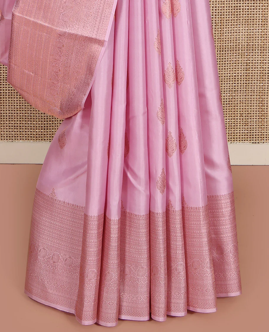 Pink Kanchipuram Silk Saree, Crafted with Zari Buttas All Over Its Body, Highlighted by a Zari Border of Traditional Designs, Intricately Designed Pallu, and Paired with a Matching Blouse - Image 3