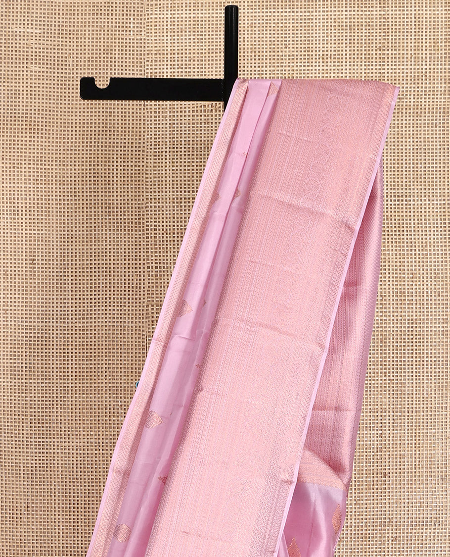Pink Kanchipuram Silk Saree, Crafted with Zari Buttas All Over Its Body, Highlighted by a Zari Border of Traditional Designs, Intricately Designed Pallu, and Paired with a Matching Blouse - Image 4