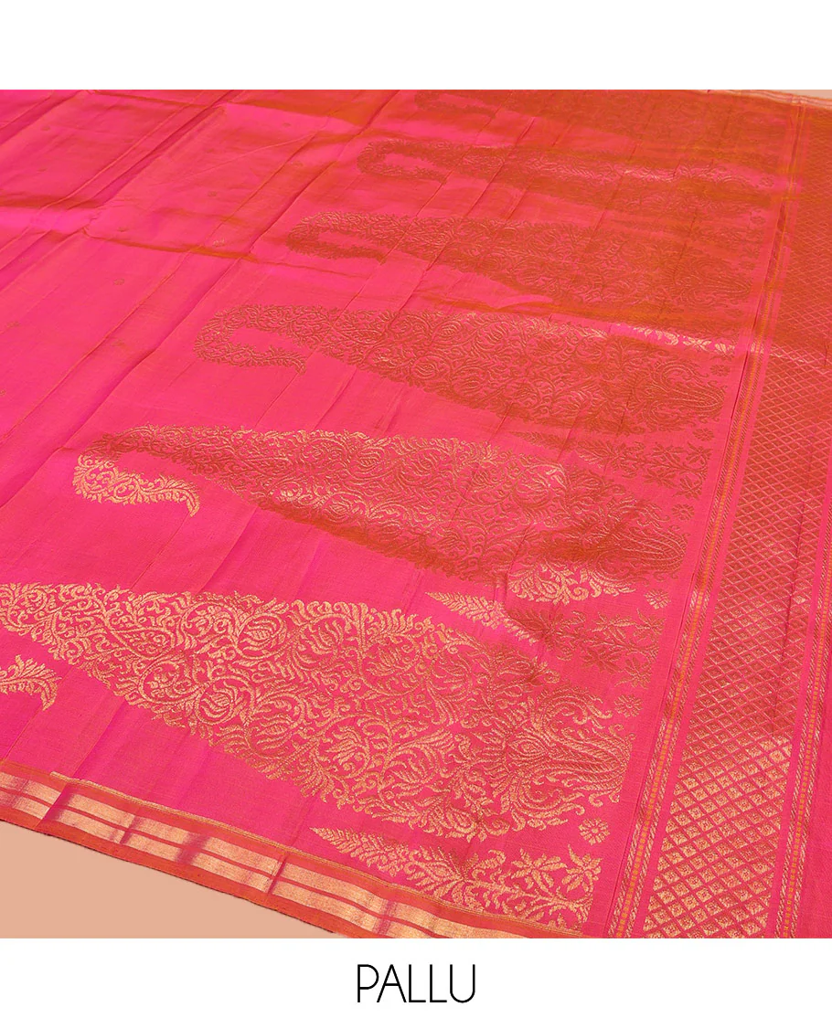 Pink Kanchipuram Silk Saree, Decked Up with Zari Buttas All Over Its Body, Complemented by Contrast Zari Piping Border, Pallu of Big Paisleys, and Paired with a Matching Blouse - Image 5