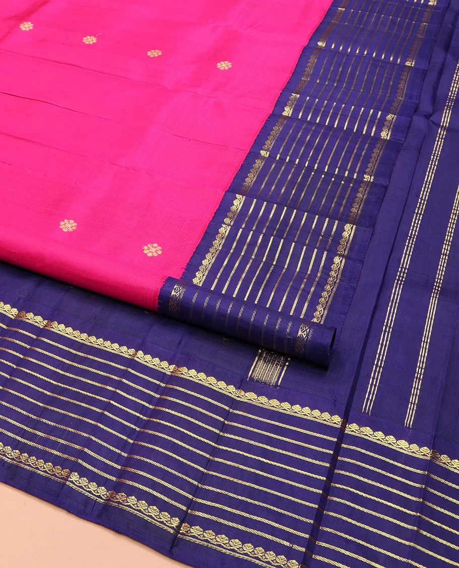 Pink Kanchipuram Silk Saree, Decked Up with Zari Buttas on Its Body, Complemented by a Contrast One-Sided Korvai Border of Thilakam Mokku, and Banaras Designs, Pallu Steeped with Kamalam Zari Designs, and Comes Without a Blouse - Image 2