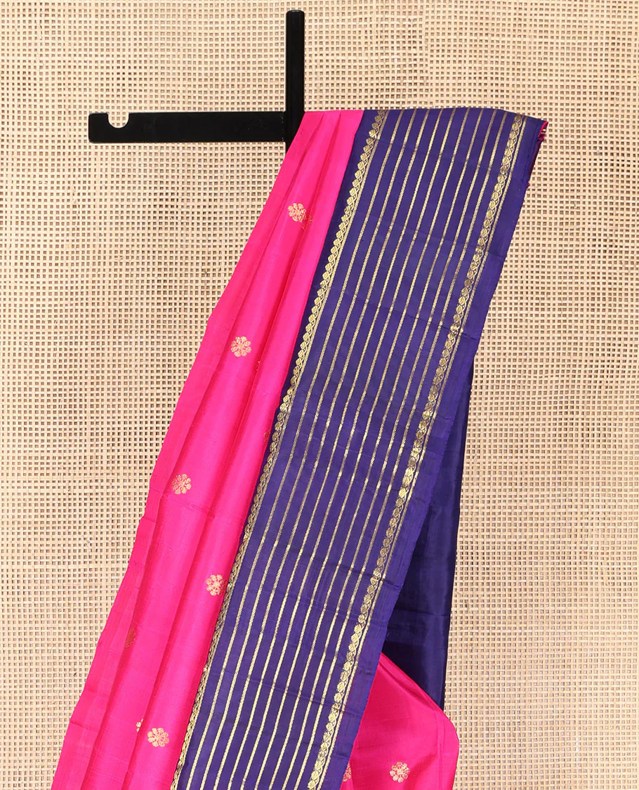 Pink Kanchipuram Silk Saree, Decked Up with Zari Buttas on Its Body, Complemented by a Contrast One-Sided Korvai Border of Thilakam Mokku, and Banaras Designs, Pallu Steeped with Kamalam Zari Designs, and Comes Without a Blouse - Image 3