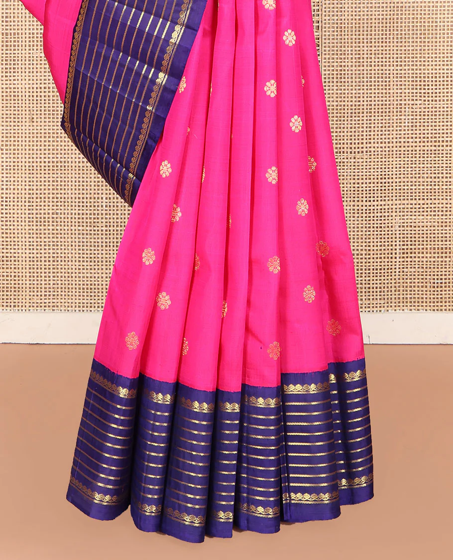 Pink Kanchipuram Silk Saree, Decked Up with Zari Buttas on Its Body, Complemented by a Contrast One-Sided Korvai Border of Thilakam Mokku, and Banaras Designs, Pallu Steeped with Kamalam Zari Designs, and Comes Without a Blouse - Image 4