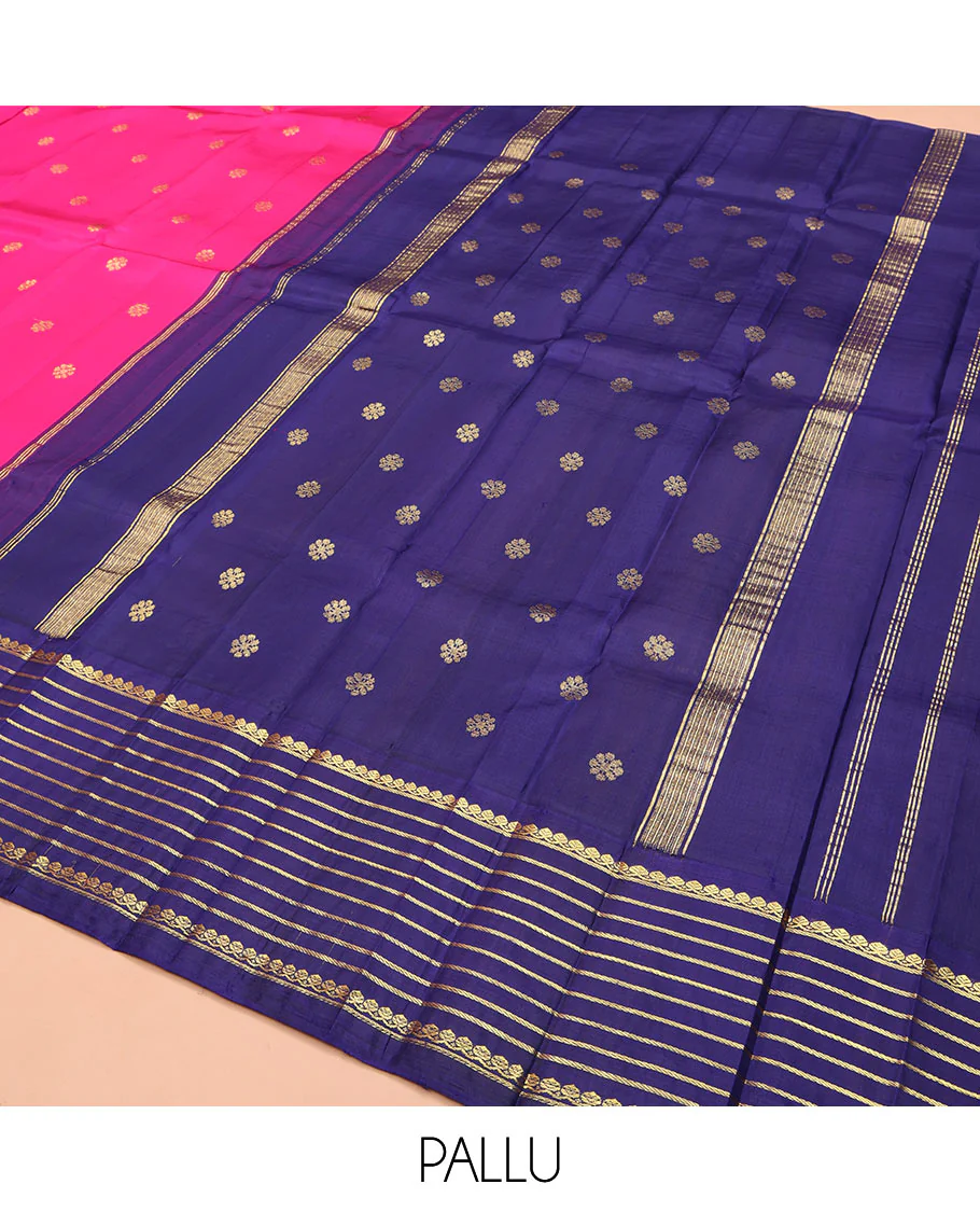 Pink Kanchipuram Silk Saree, Decked Up with Zari Buttas on Its Body, Complemented by a Contrast One-Sided Korvai Border of Thilakam Mokku, and Banaras Designs, Pallu Steeped with Kamalam Zari Designs, and Comes Without a Blouse - Image 5