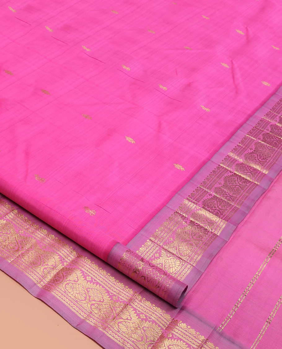 Pink Kanchipuram Silk Saree, Detailed with Zari Buttas, a Contrast One-Sided Traditional Border, Zari Design Pallu, and No Blouse - Image 2