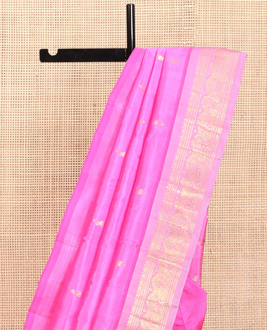 Pink Kanchipuram Silk Saree, Detailed with Zari Buttas, a Contrast One-Sided Traditional Border, Zari Design Pallu, and No Blouse - Image 3