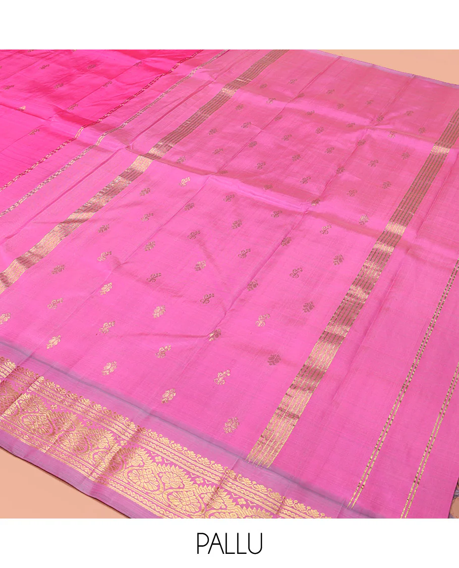 Pink Kanchipuram Silk Saree, Detailed with Zari Buttas, a Contrast One-Sided Traditional Border, Zari Design Pallu, and No Blouse - Image 5