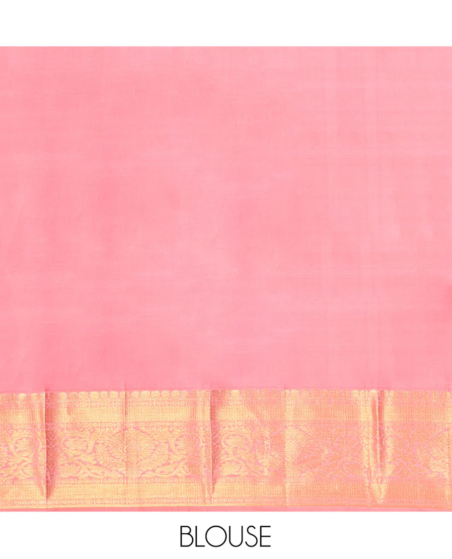 Pink Kanchipuram Silk Saree, Elevated with Zari Buttas All Over Its Body, Highlighted by a Zari Border of Traditional Designs, Pallu of Jaal Designs, and Paried with a Matching Blouse - Image 6