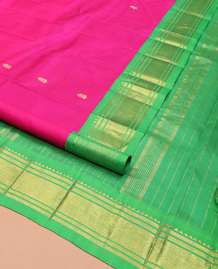 Pink Kanchipuram Silk Saree, Spotlighted with Zari Buttas on Its Body, Complemented by a Contrast One-Sided Korvai Border of Rekku, Banaras, and Mayil Kann Designs, Pallu Steeped with Zari Designs, and Comes Without a Blouse - Image 2
