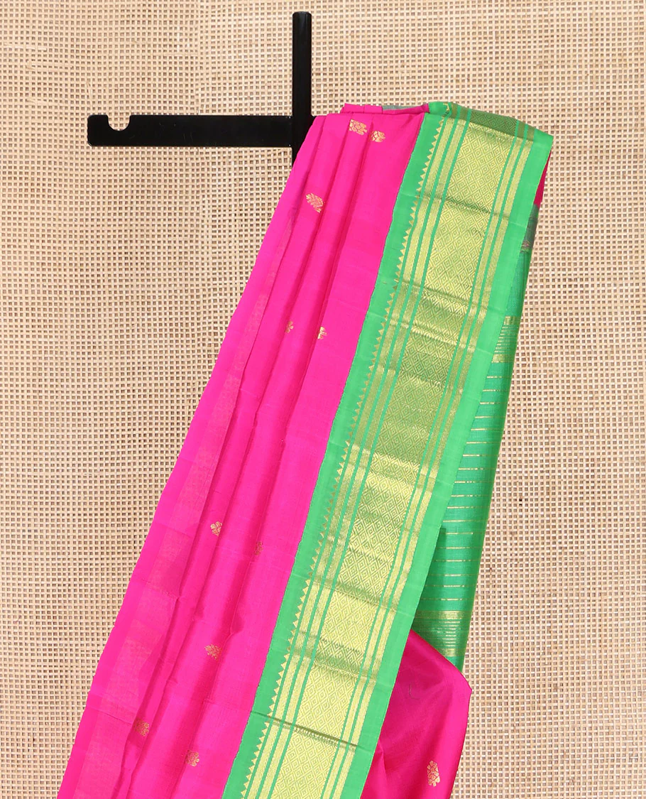 Pink Kanchipuram Silk Saree, Spotlighted with Zari Buttas on Its Body, Complemented by a Contrast One-Sided Korvai Border of Rekku, Banaras, and Mayil Kann Designs, Pallu Steeped with Zari Designs, and Comes Without a Blouse - Image 3