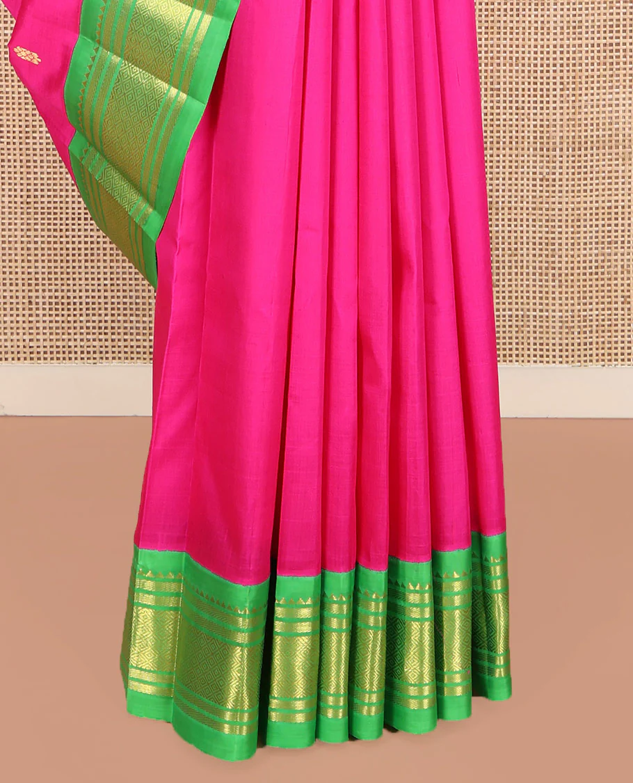 Pink Kanchipuram Silk Saree, Spotlighted with Zari Buttas on Its Body, Complemented by a Contrast One-Sided Korvai Border of Rekku, Banaras, and Mayil Kann Designs, Pallu Steeped with Zari Designs, and Comes Without a Blouse - Image 4