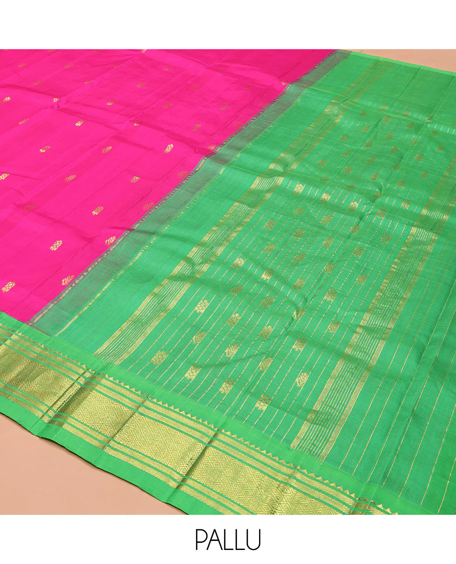 Pink Kanchipuram Silk Saree, Spotlighted with Zari Buttas on Its Body, Complemented by a Contrast One-Sided Korvai Border of Rekku, Banaras, and Mayil Kann Designs, Pallu Steeped with Zari Designs, and Comes Without a Blouse - Image 5