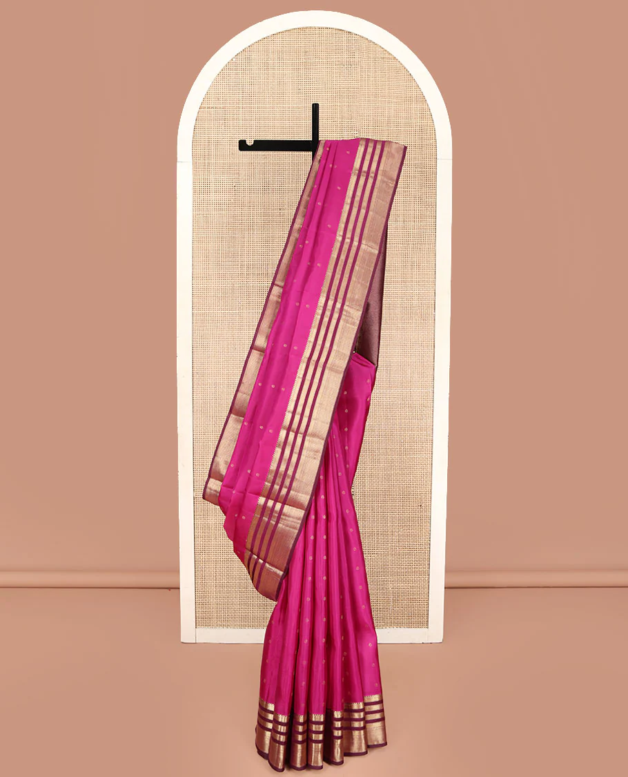 Pink Kanchipuram Silk Saree, Subtly Enriched with Zari Buttas All Over Its Body, Complemented by Contrast Border of Muthu, Banaras, and Mayil Kann Designs, Sparsely Striped Pallu, and Paired with a Contrast Blouse