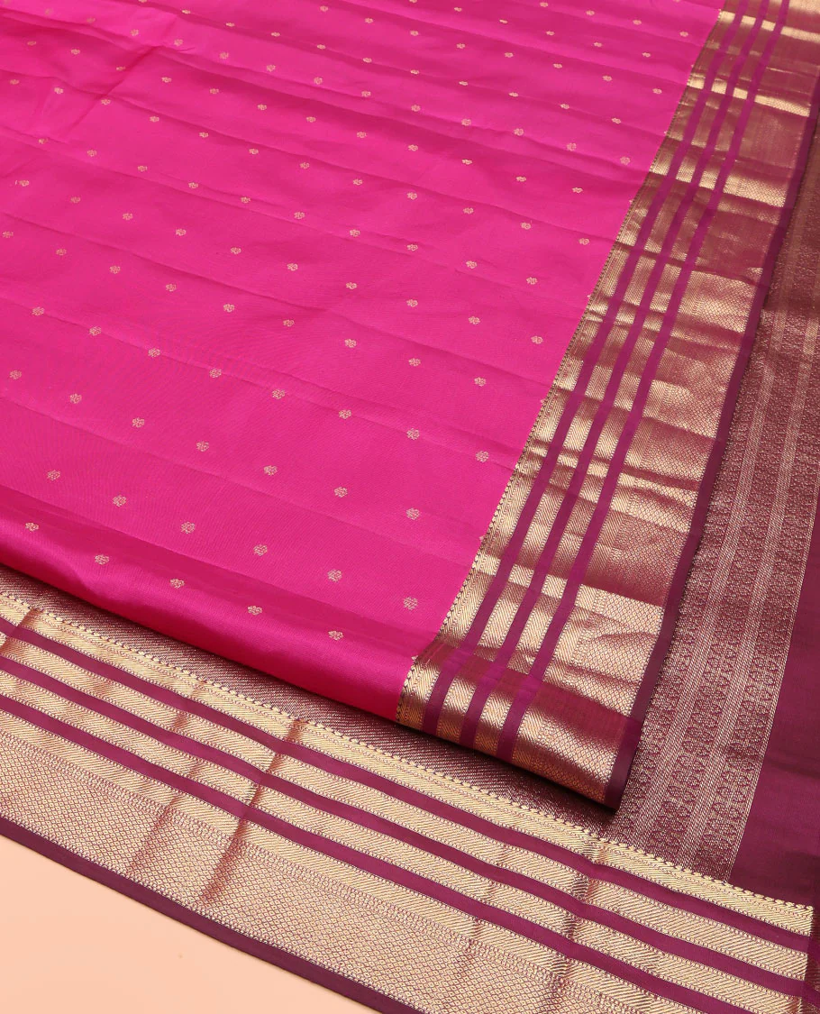 Pink Kanchipuram Silk Saree, Subtly Enriched with Zari Buttas All Over Its Body, Complemented by Contrast Border of Muthu, Banaras, and Mayil Kann Designs, Sparsely Striped Pallu, and Paired with a Contrast Blouse - Image 2