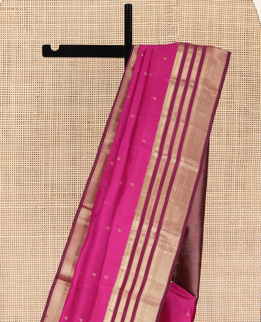 Pink Kanchipuram Silk Saree, Subtly Enriched with Zari Buttas All Over Its Body, Complemented by Contrast Border of Muthu, Banaras, and Mayil Kann Designs, Sparsely Striped Pallu, and Paired with a Contrast Blouse - Image 3