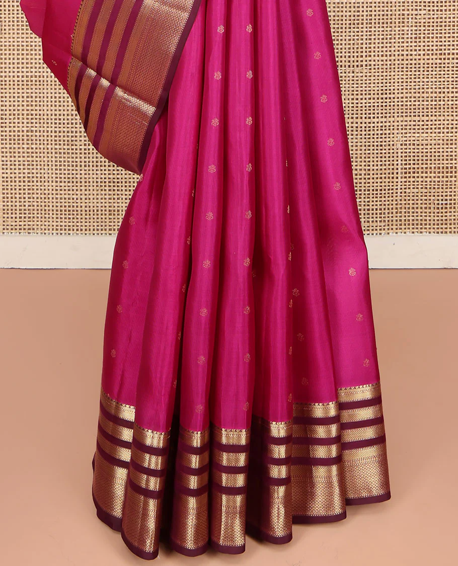 Pink Kanchipuram Silk Saree, Subtly Enriched with Zari Buttas All Over Its Body, Complemented by Contrast Border of Muthu, Banaras, and Mayil Kann Designs, Sparsely Striped Pallu, and Paired with a Contrast Blouse - Image 4