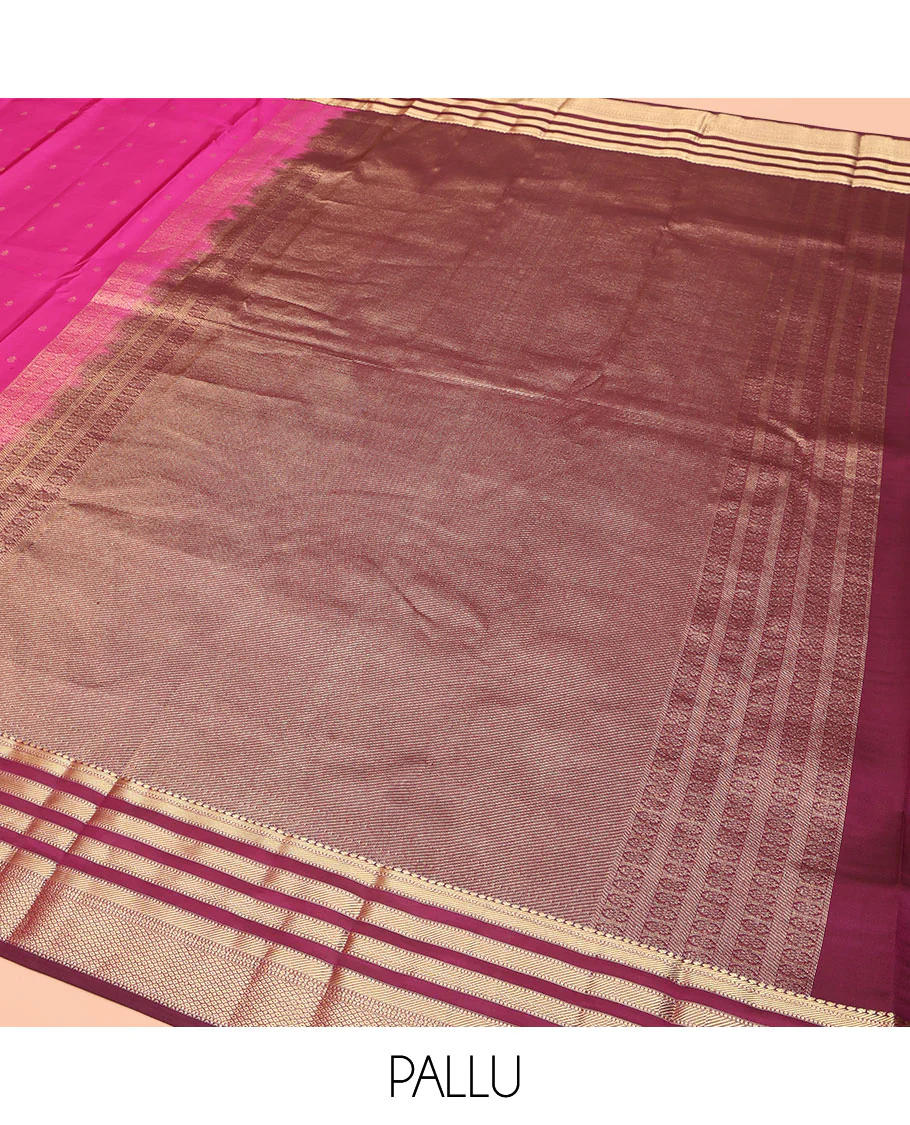 Pink Kanchipuram Silk Saree, Subtly Enriched with Zari Buttas All Over Its Body, Complemented by Contrast Border of Muthu, Banaras, and Mayil Kann Designs, Sparsely Striped Pallu, and Paired with a Contrast Blouse - Image 5