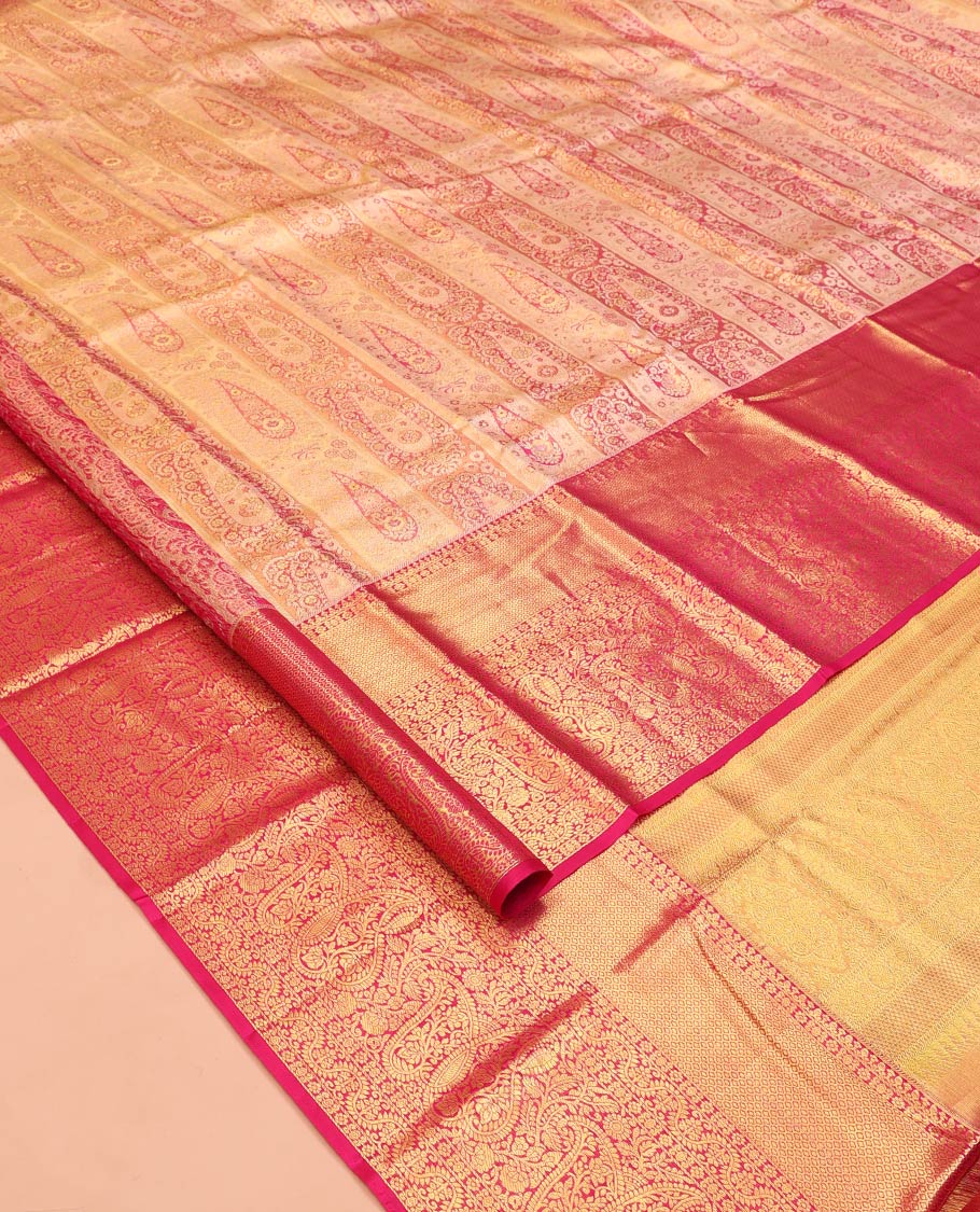 Pink Kanchipuram Tissue Silk Saree, Embellished with Jacquard Designs on Its Body, Complemented by a Contrast Border of Manga and Jaal Designs, Intricately Designed Pallu, and Paired with a Contrast Blouse - Image 2