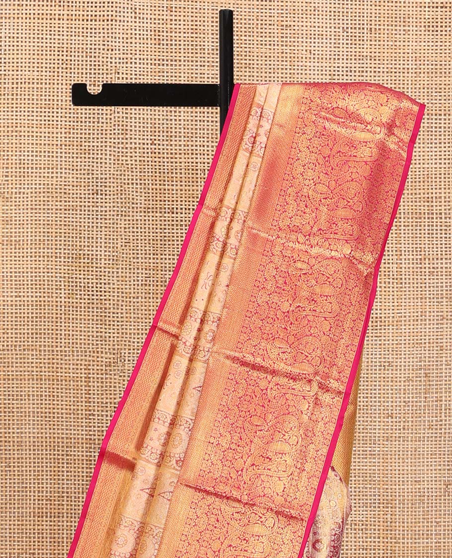 Pink Kanchipuram Tissue Silk Saree, Embellished with Jacquard Designs on Its Body, Complemented by a Contrast Border of Manga and Jaal Designs, Intricately Designed Pallu, and Paired with a Contrast Blouse - Image 3