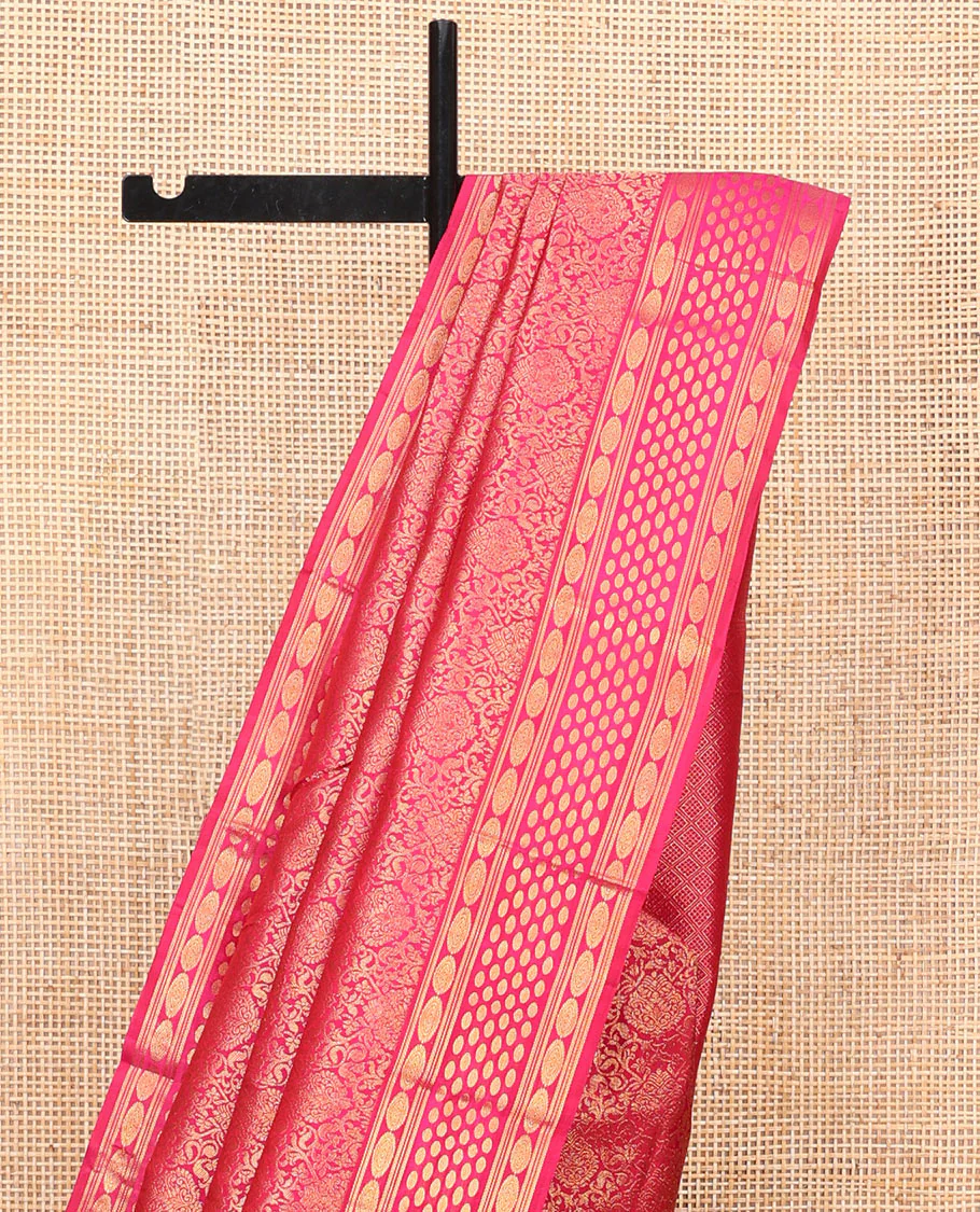 Pink Kanchipuram Wedding Silk Saree, Elegantly Highlighted with Jacquard Design on Its Body, Highlighted by Zari Border of Kathir, Chakram, and Rudraksham Designs, Grand Jaal Pallu, and Paired with a Matching Blouse - Image 3