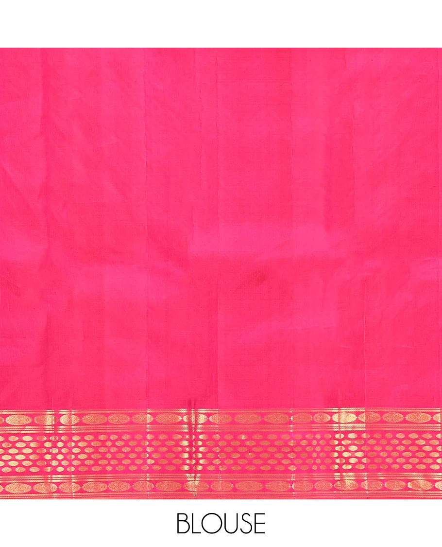 Pink Kanchipuram Wedding Silk Saree, Elegantly Highlighted with Jacquard Design on Its Body, Highlighted by Zari Border of Kathir, Chakram, and Rudraksham Designs, Grand Jaal Pallu, and Paired with a Matching Blouse - Image 6