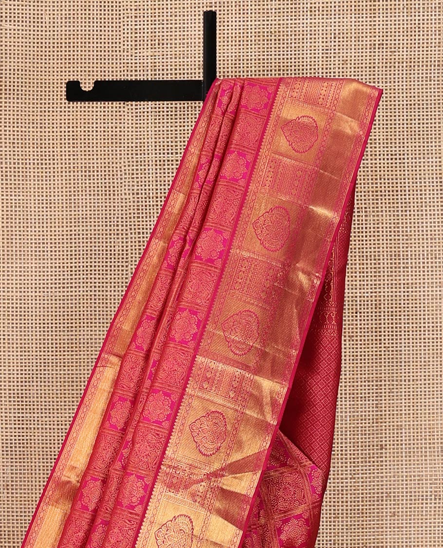 Pink Kanchipuram Wedding Silk Saree, Meticulously Crafted with Jacquard Design On Its Body, Complemented by Contrast Border of Traditional Zari Designs, Grand Jaal Pallu and Paired with a Matching Blouse - Image 3