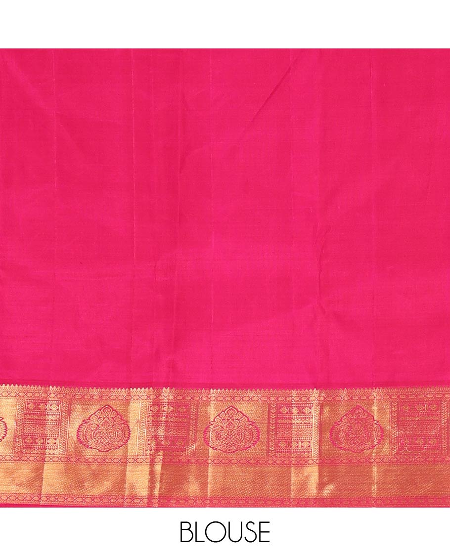 Pink Kanchipuram Wedding Silk Saree, Meticulously Crafted with Jacquard Design On Its Body, Complemented by Contrast Border of Traditional Zari Designs, Grand Jaal Pallu and Paired with a Matching Blouse - Image 5