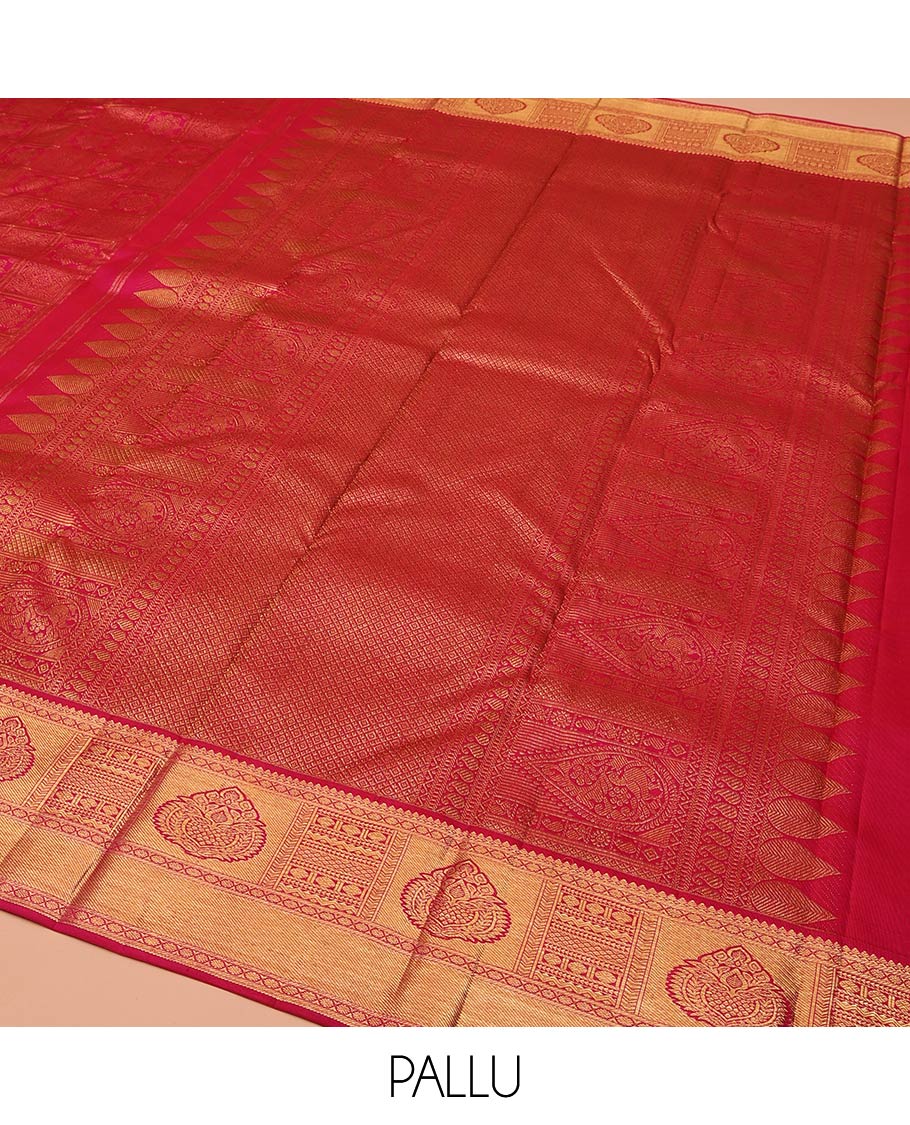 Pink Kanchipuram Wedding Silk Saree, Meticulously Crafted with Jacquard Design On Its Body, Complemented by Contrast Border of Traditional Zari Designs, Grand Jaal Pallu and Paired with a Matching Blouse - Image 6