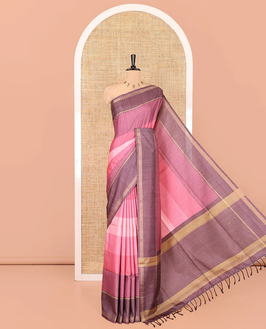 Pink Katan Silk Saree, Adorned with 3d-Style Print and Dotted-Style on Its Body, Complemented by Contrast Border, Pallu Steeped with Buttas, and Paired with a Contrast Blouse