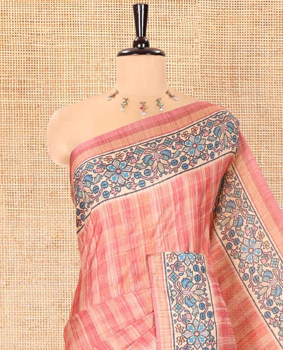 Pink Katan Silk Saree, Elevated with Checked Design On Its Body, Artfully Designed Madhubani Painting Theme Border, Pallu of Same Madhubani Print, and Paired with a Madhubani Printed Blouse - Image 2