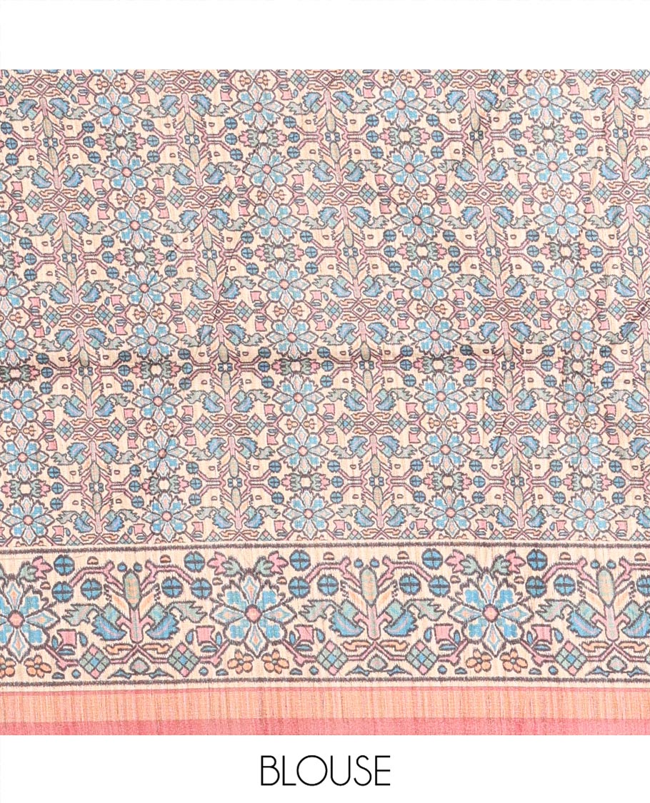 Pink Katan Silk Saree, Elevated with Checked Design On Its Body, Artfully Designed Madhubani Painting Theme Border, Pallu of Same Madhubani Print, and Paired with a Madhubani Printed Blouse - Image 3