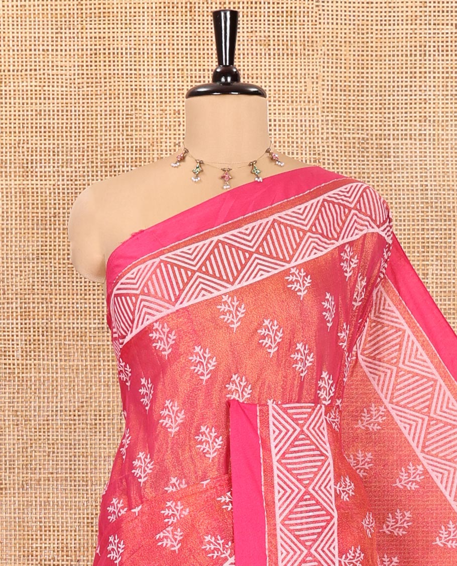 Pink Khadi Tissue Saree, Adorned with Leaf Buttas All Over Its Body, Highlighted by Geometric Patterned Border, Pallu Depicts Geometric Prints, and Paired with a Matching Blouse - Image 2