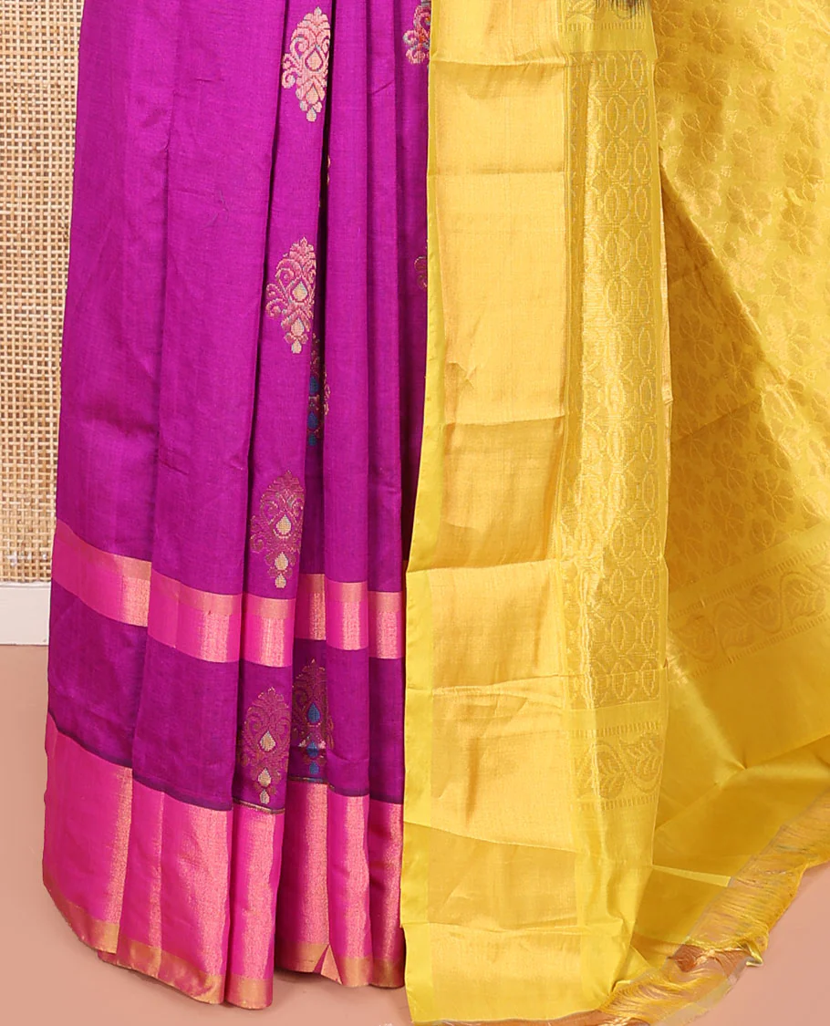 Pink Kuppadam Cotton Saree, Accentuated with Meena Buttas All Over Its Body, Complemented by a Bavanji Border, Captivating Pallu of Floral Designs, and Paired with a Contrast Blouse - Image 3