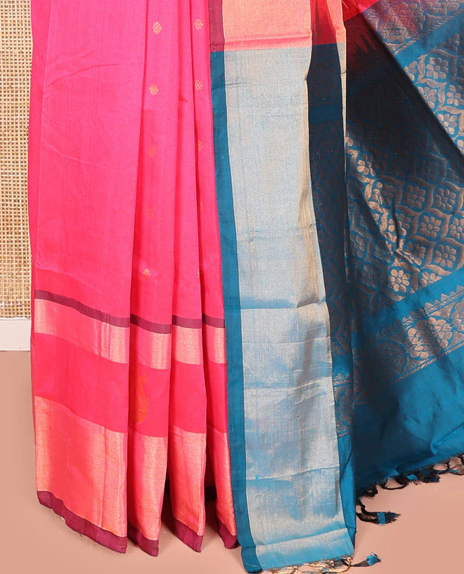 Pink Kuppadam Cotton Saree, Adorned with Floral Buttas All Over Its Body, Complemented by a Bavanji Border, Captivating Contrast Pallu of Ogee Patterns, and Paired with a Contrast Blouse - Image 3