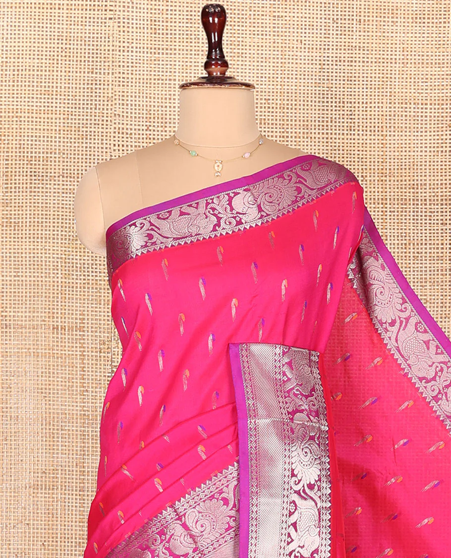 Pink Kuppadam Cotton Saree, Highlighted with Muniya Buttas All Over Its Body, Complemented by a Contrast Border of Elephant-Peacock Designs in Zari, Grand Jaal Design Pallu, and Paired with a Contrast Blouse - Image 2