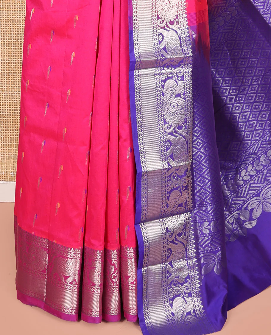 Pink Kuppadam Cotton Saree, Highlighted with Muniya Buttas All Over Its Body, Complemented by a Contrast Border of Elephant-Peacock Designs in Zari, Grand Jaal Design Pallu, and Paired with a Contrast Blouse - Image 3