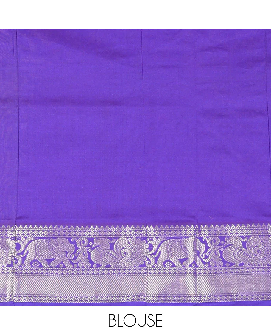 Pink Kuppadam Cotton Saree, Highlighted with Muniya Buttas All Over Its Body, Complemented by a Contrast Border of Elephant-Peacock Designs in Zari, Grand Jaal Design Pallu, and Paired with a Contrast Blouse - Image 4