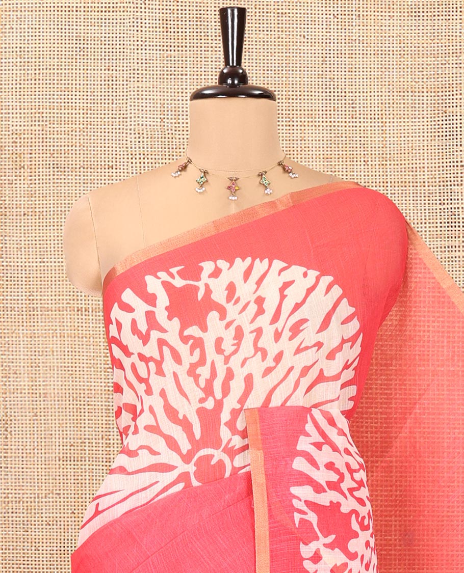 Pink Linen Cotton Saree, Adorned with Floral Motifs Printed on Its Body, Subtle Piping Border, Complemented by a Contrast Floral Printed Blouse, and Paired with a Contrast Blouse - Image 2