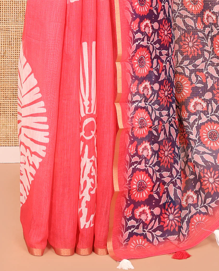 Pink Linen Cotton Saree, Adorned with Floral Motifs Printed on Its Body, Subtle Piping Border, Complemented by a Contrast Floral Printed Blouse, and Paired with a Contrast Blouse - Image 3