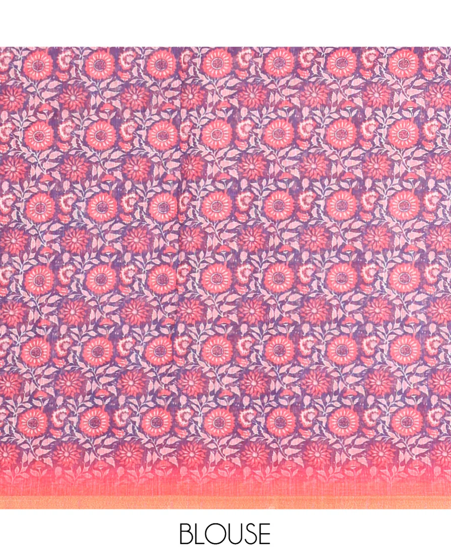 Pink Linen Cotton Saree, Adorned with Floral Motifs Printed on Its Body, Subtle Piping Border, Complemented by a Contrast Floral Printed Blouse, and Paired with a Contrast Blouse - Image 4