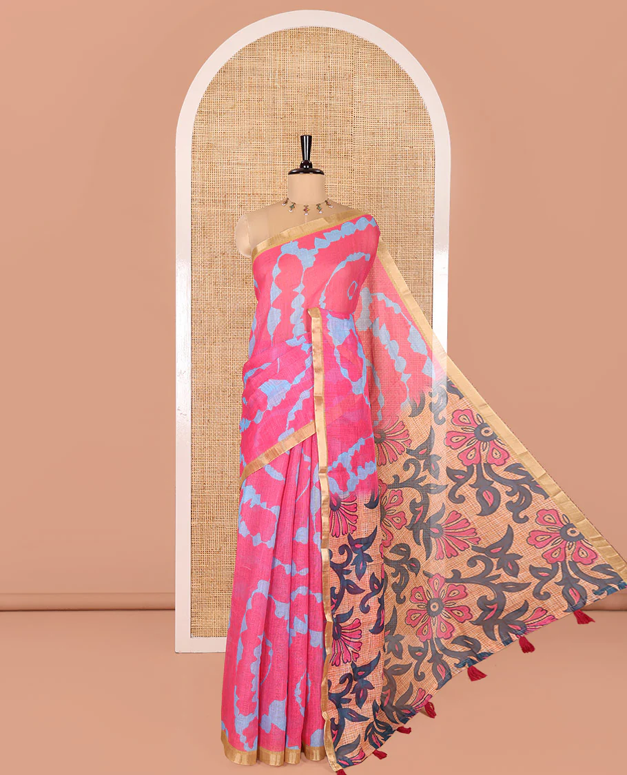 Pink Linen Cotton Saree, Adorned with Shibori Print On Its Body, Subtle Piping Border, Pallu Steeped with Floral Vine Print, and Paired with a Printed Blouse