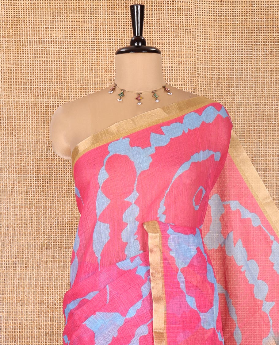 Pink Linen Cotton Saree, Adorned with Shibori Print On Its Body, Subtle Piping Border, Pallu Steeped with Floral Vine Print, and Paired with a Printed Blouse - Image 2