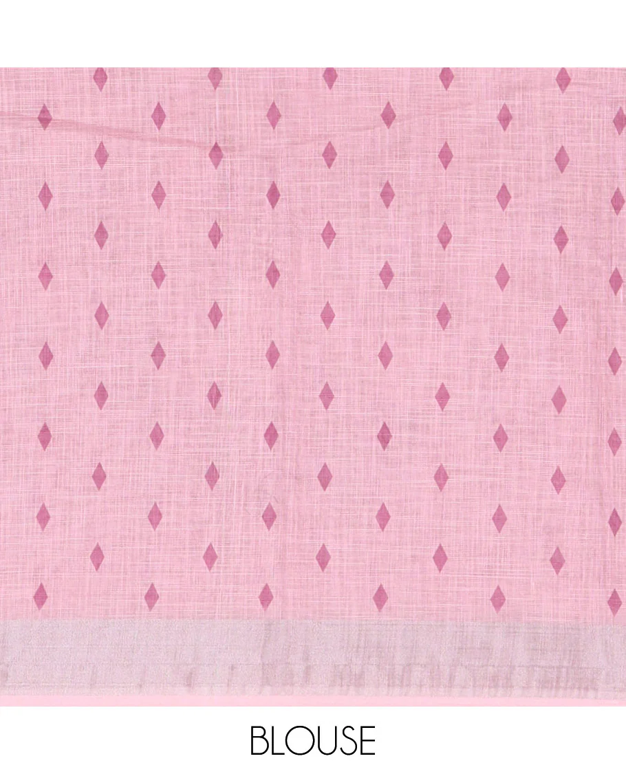 Pink Linen Cotton Saree, Beautified with Floral Leaf Motifs Printed on Its Body, Subtle Bavanji Border, Pallu Features Floral Print and Stripes, and Paired with a Matching Blouse - Image 3