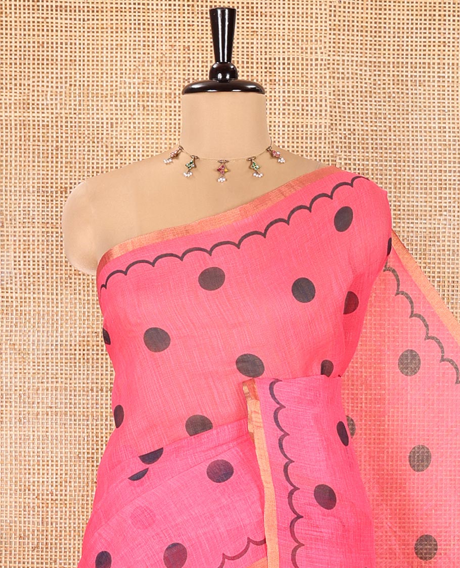 Pink Linen Cotton Saree, Beautified with Polka Dots All Over Its Body, Subtle Piping Border, Self-Pallu, and Paired with a Floral Printed Matching Blouse - Image 2