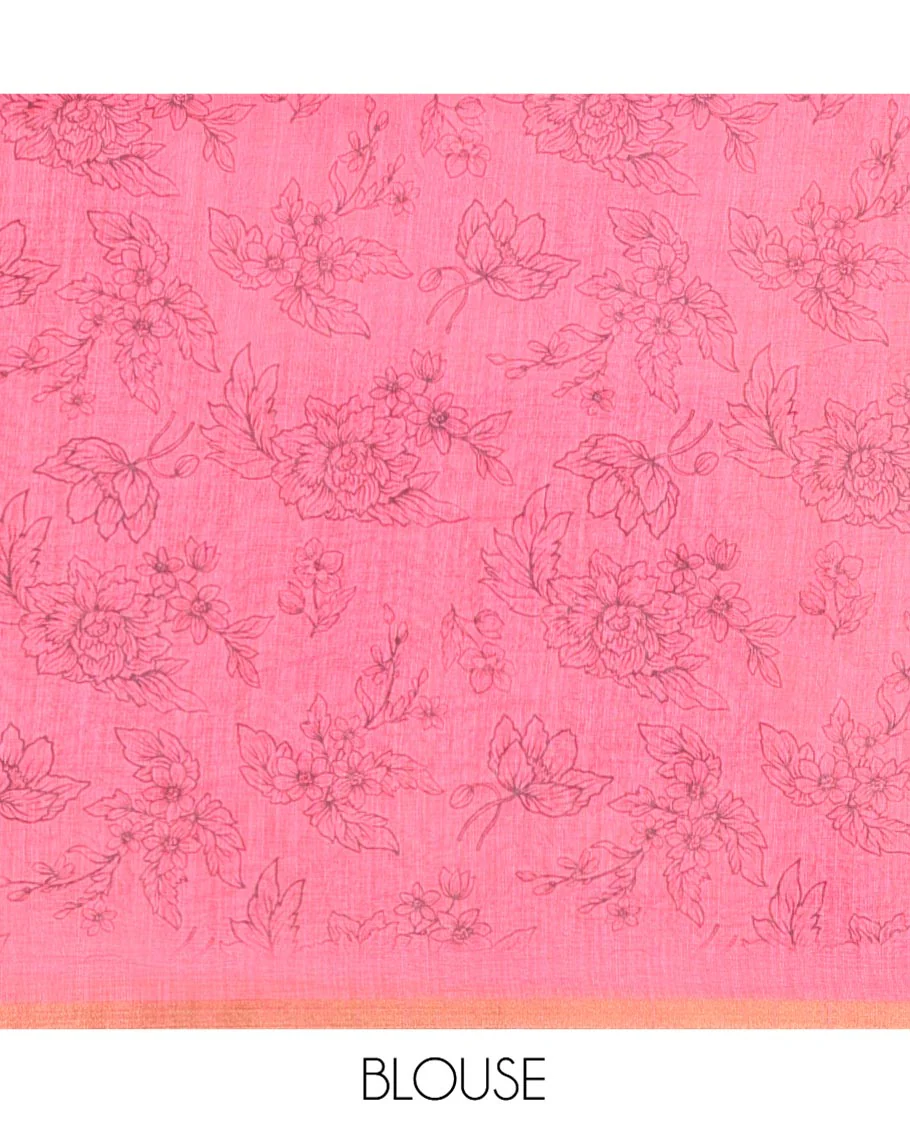 Pink Linen Cotton Saree, Beautified with Polka Dots All Over Its Body, Subtle Piping Border, Self-Pallu, and Paired with a Floral Printed Matching Blouse - Image 3