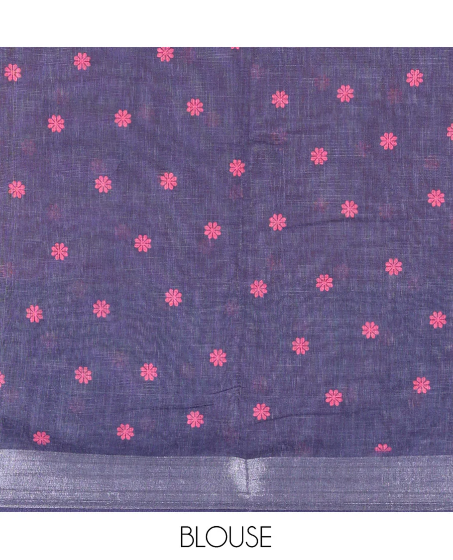Pink Linen Cotton Saree, Beautified with Silhouette-Style Floral Vine Printed on Its Body, Subtly Zari Bavanji Border, Pallu of Same Floral Print, and Paired with a Matching Blouse - Image 3