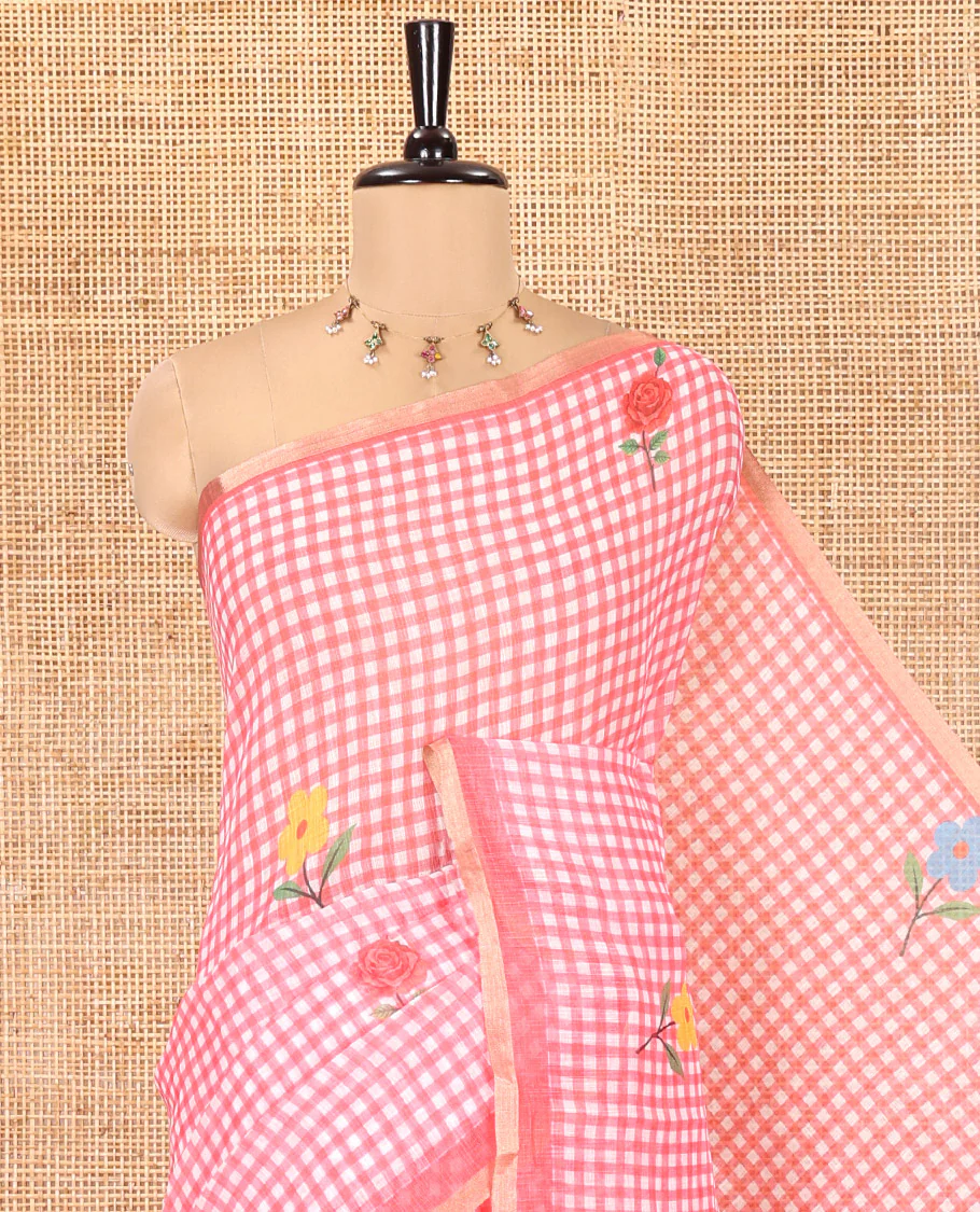 Pink Linen Cotton Saree, Bedecked with Micro-Checks and Floral Motifs on Its Body, Subtle Piping Border, a Self-Pallu, and Paired with a Rose Floral Printed Blouse - Image 2