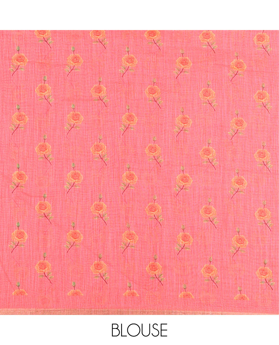 Pink Linen Cotton Saree, Bedecked with Micro-Checks and Floral Motifs on Its Body, Subtle Piping Border, a Self-Pallu, and Paired with a Rose Floral Printed Blouse - Image 3